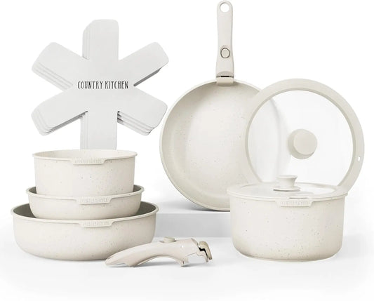 Cookware Set with Removable Handle, Oven & RV Safe Pots and Pans Set, Cream, Original