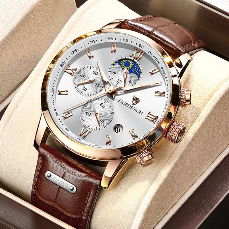 LIGE Business Watch Men Fashion Leather Military Waterproof Mn's Quartz 24 Hour Moon Phase