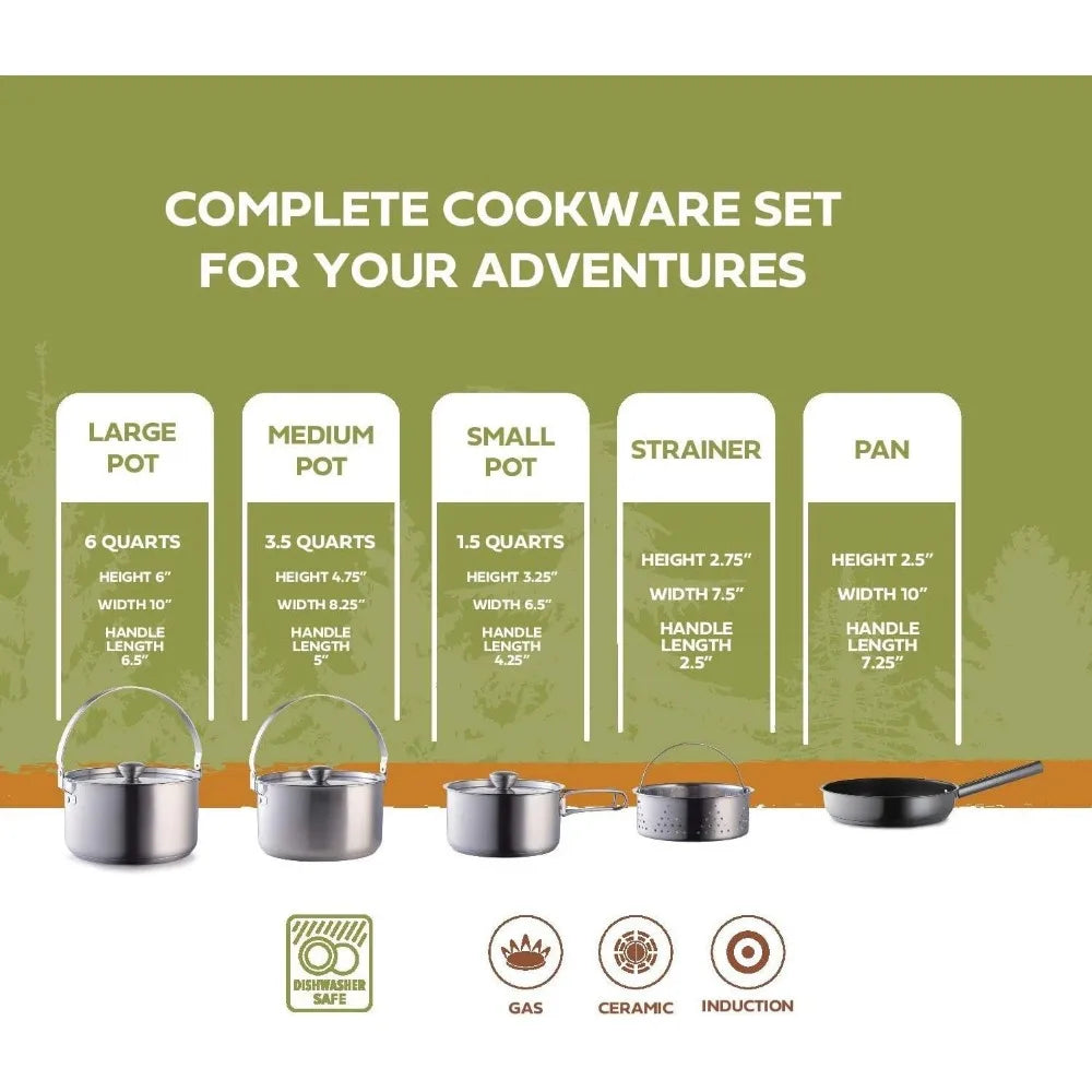 Camping Cookware 304 stainless steel 8-piece pot and pan  kit | Skillet steamer,travel bag