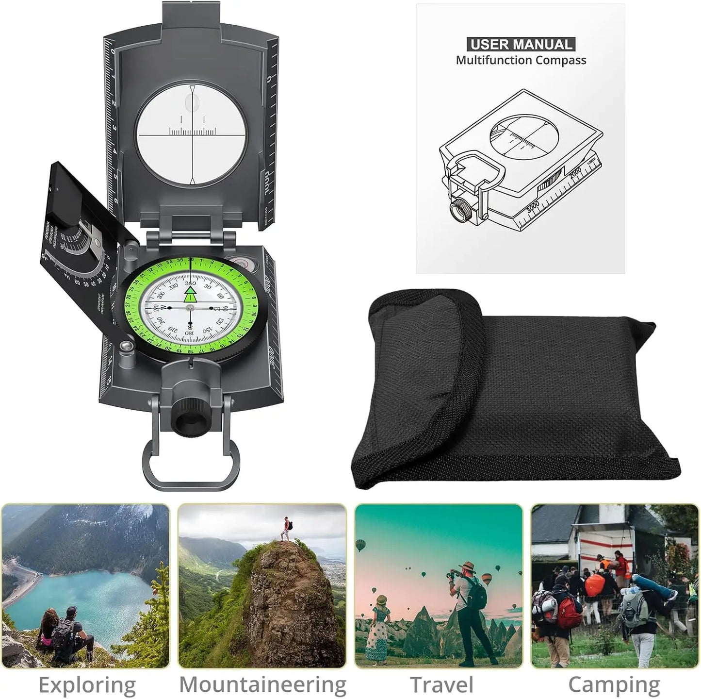Compass Hiking,Waterproof Metal Compass,Clinometer,Lightweight,fCamping,Hunting,Hiking Navigation.