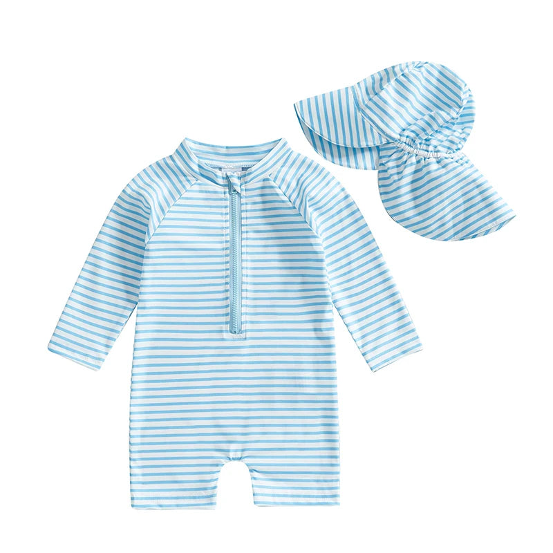 Infant Boys Girls Sun Protection Swimwear Set,Hat 2 Piece UV Rash Guard Zip Long Sleeve Crew Neck