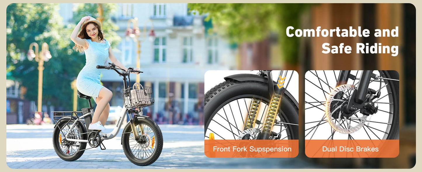QRONGE Electric Bike 1000W Peak Folding Electric Bike 486Wh 70 Miles Range Ebike 20" Step-Thru Electric Bicycle with Bike Basket