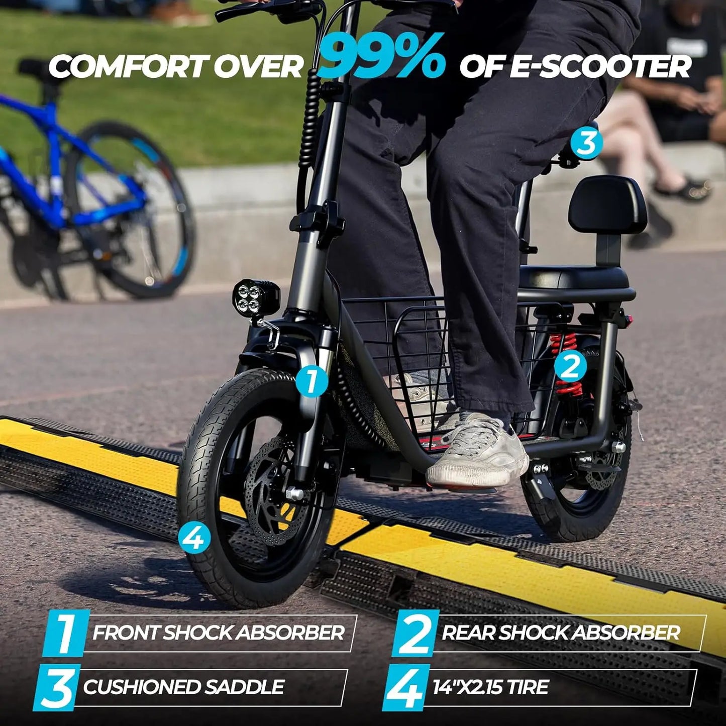 850W Elec. scooter, 14 inch tires, dual brakes dual suspension, baskets