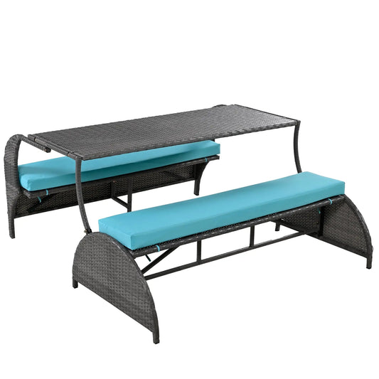 Outdr Rattan Loveseat Convertible Picnic Upholstered Bench Table Patio Convertible,4 Seats,1 Table