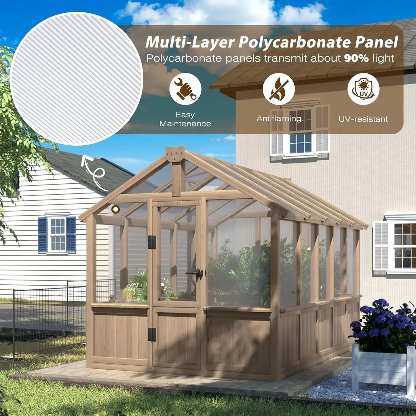 6x10 FT Green House, Outdoor, 6MM Thick Polycarbonate Panel Wooden Walk-in Greenhouse Kit Lock/Door