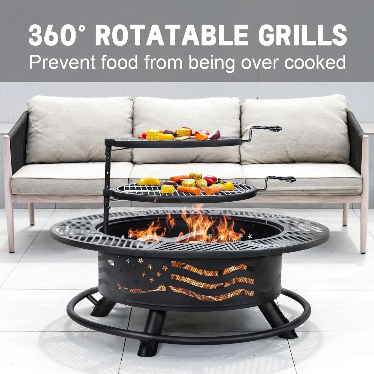 42 Inch Fire Pit, 2 Cooking Grate, Outdoor Wood Burning BBQ Grill Firepit Cover Lid, Steel Rnd Table