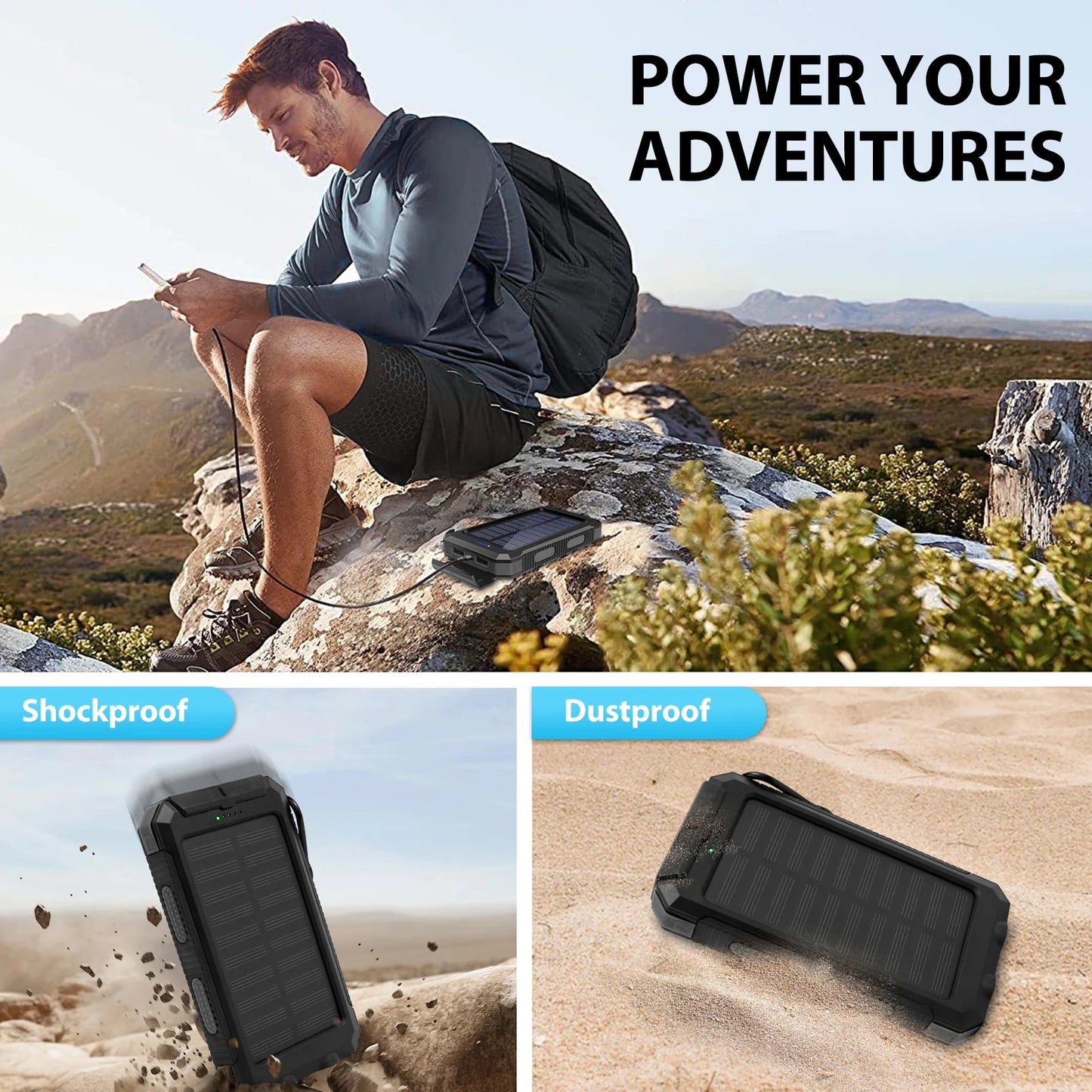 30000mAh Solar Power Bank Portable Dual 5V USB Ports 2 LED Light Flashlight Fast Charge phones ntbk
