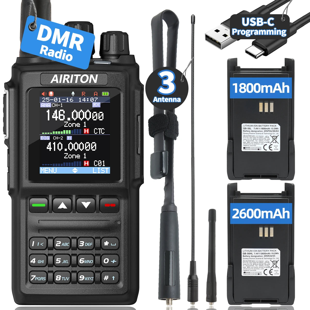 DM-168 Walkie Talkie AES256 Encryption DMR Digital/ Analog Dual Band FM, AT-D168UV  USB-C charging
