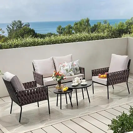 4-Piece Set, Wider Outdoor Metal Seating Sofa ,High Back & Loveseat, Coffee Table, All Weather Metal