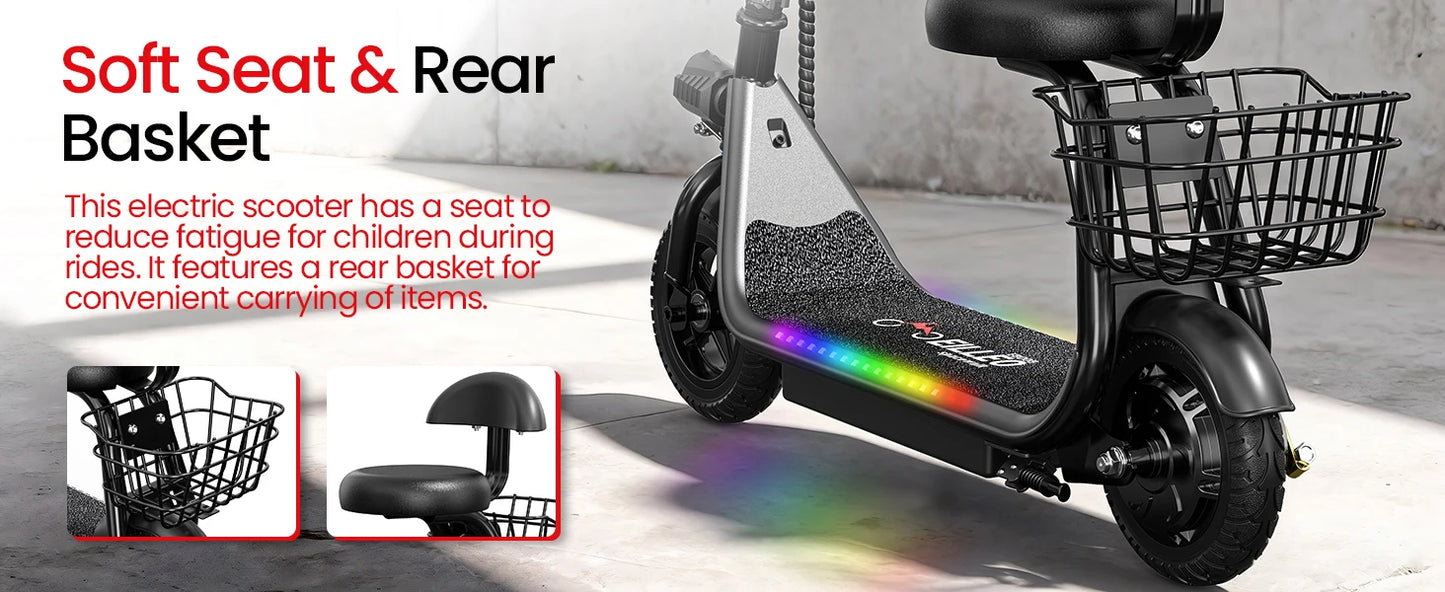 Kids E-Scooter, Blue tooth Speaker Foldable Design Seat, Basket LED Light Strip 11MPH Speed 132lbs