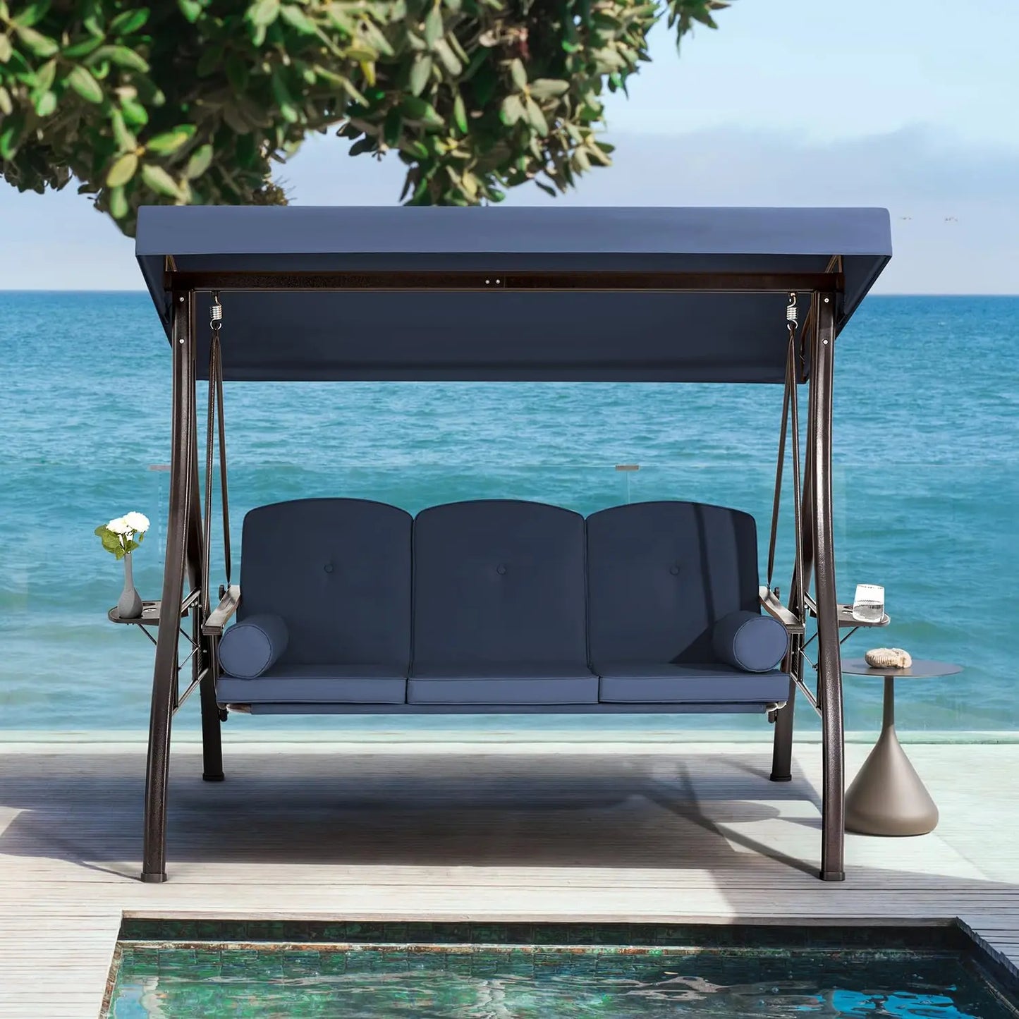 3 Person Outdoor Porch Swing,1.5" Upgraded Cup Holder, Adjust Canopy, Backrest, Patio Swing Bed