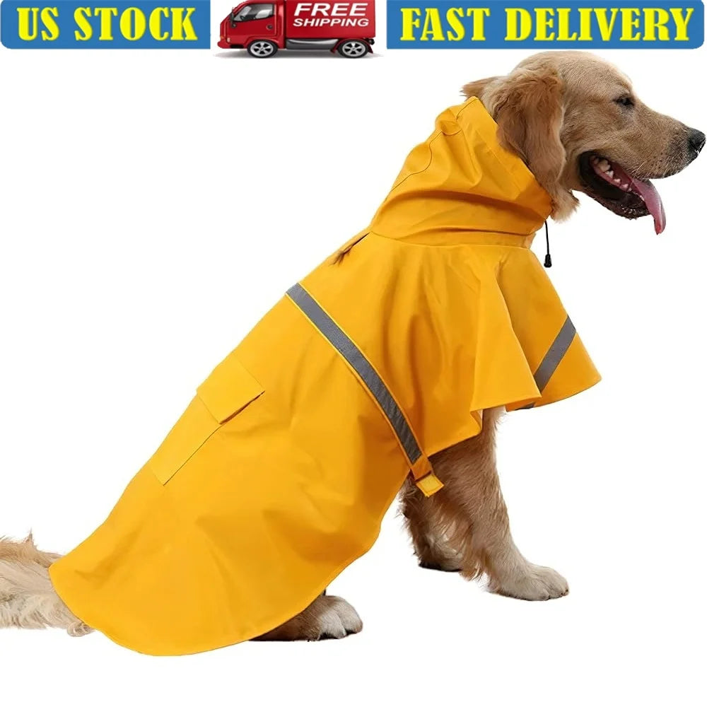 Large Dog Raincoat Waterproof Adjustable Lightweight Pet Poncho Hoodies Reflective Strip Rain Jacket