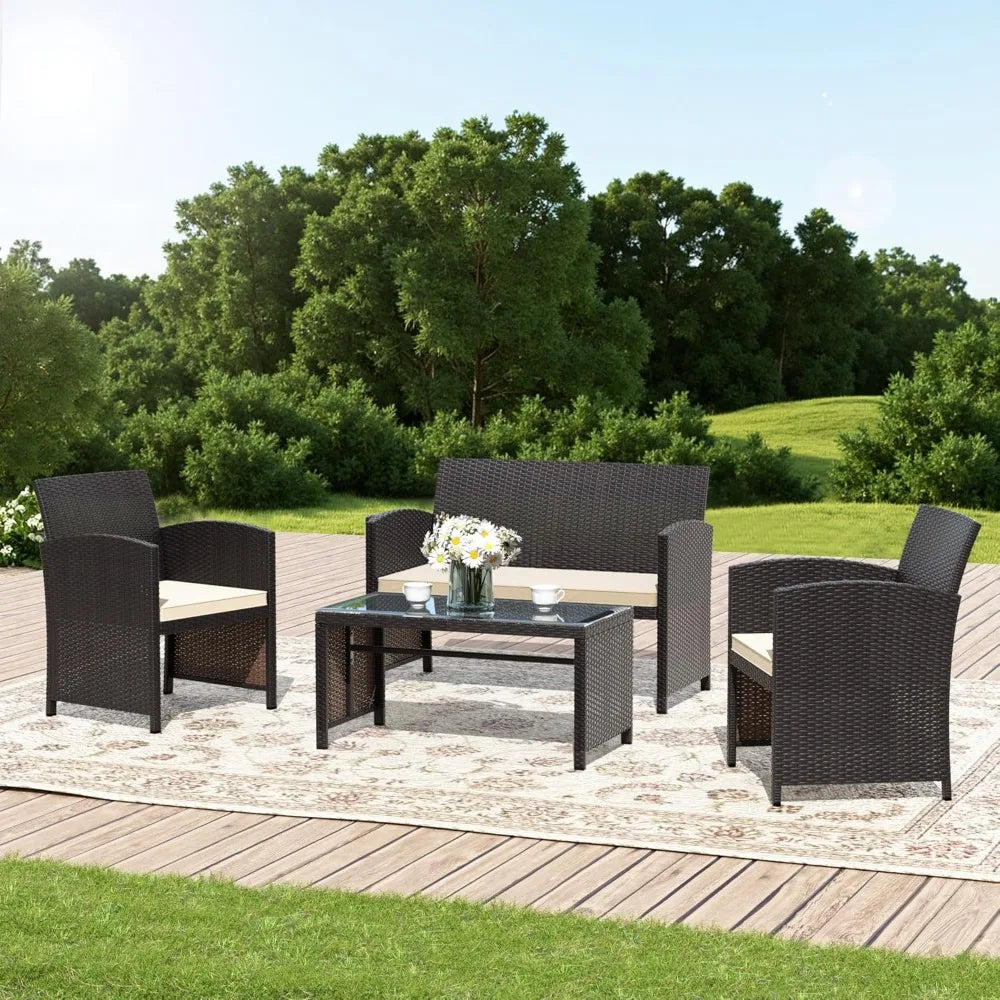 Premium 4-piece patio, wicker conversation set, 2 rattan chairs1 loveseat 1 coffee table remove cush