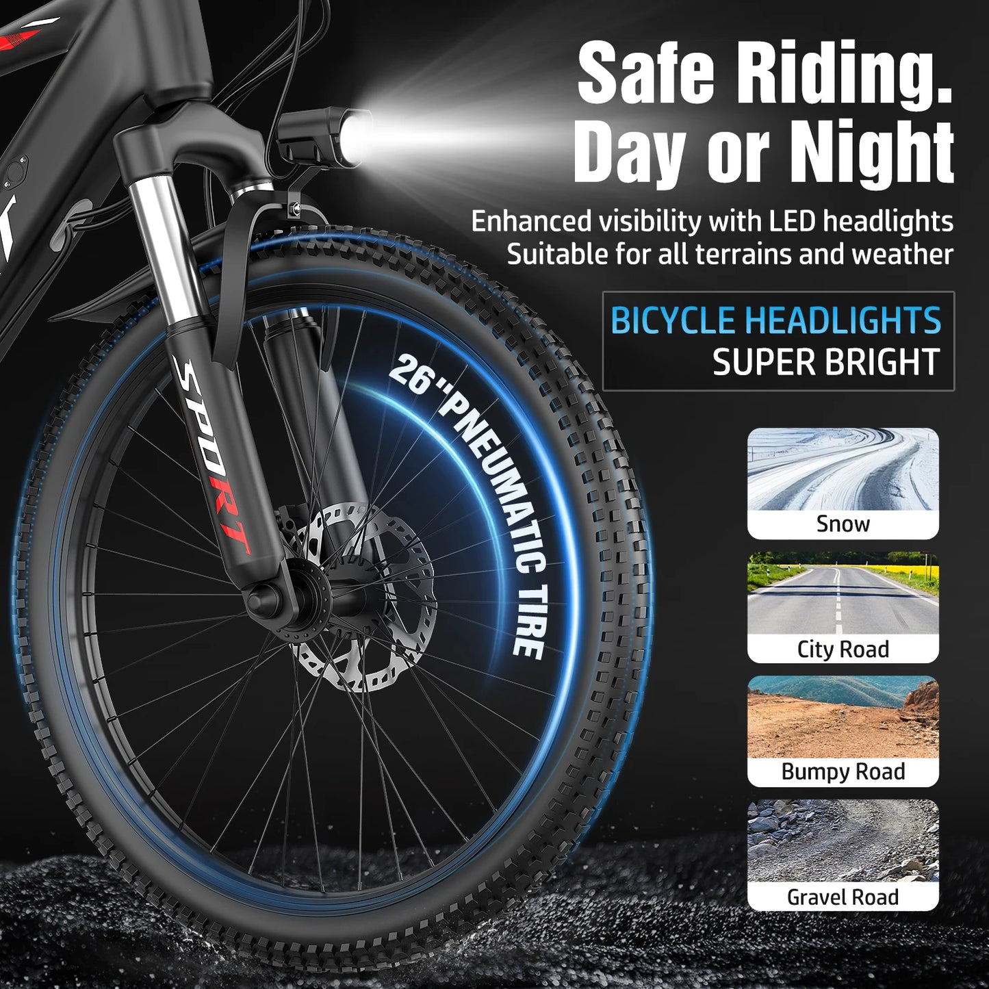Electric Bike,Adults - 26”Fat Tire, Peak 1000W Motor, 7 Speed ,48V10AH Detachable Battery