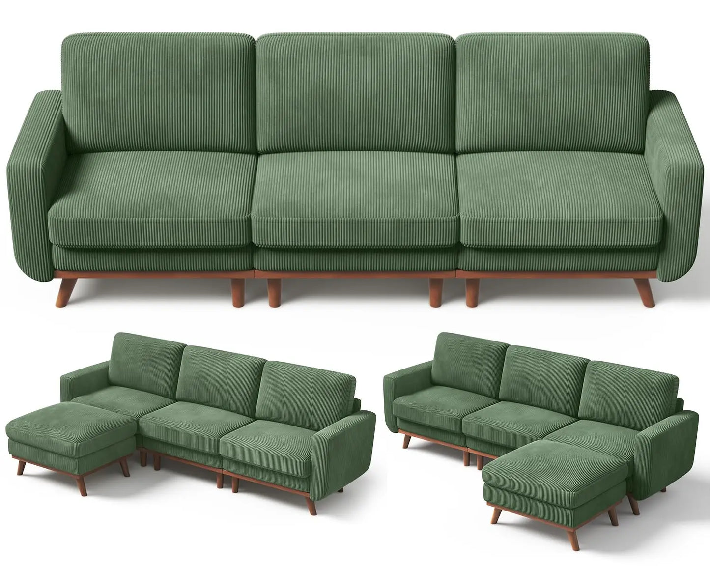INDOOR 97" L-Shape Modular Sectional Sofa 3-Seat Corduroy Movable Otto green,black, Customized