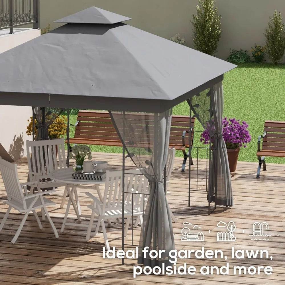 10' x 10' Metal Patio Gazebo, Double Roof Outdoor Canopy Shelter with Tree Motifs Corners,Netting,