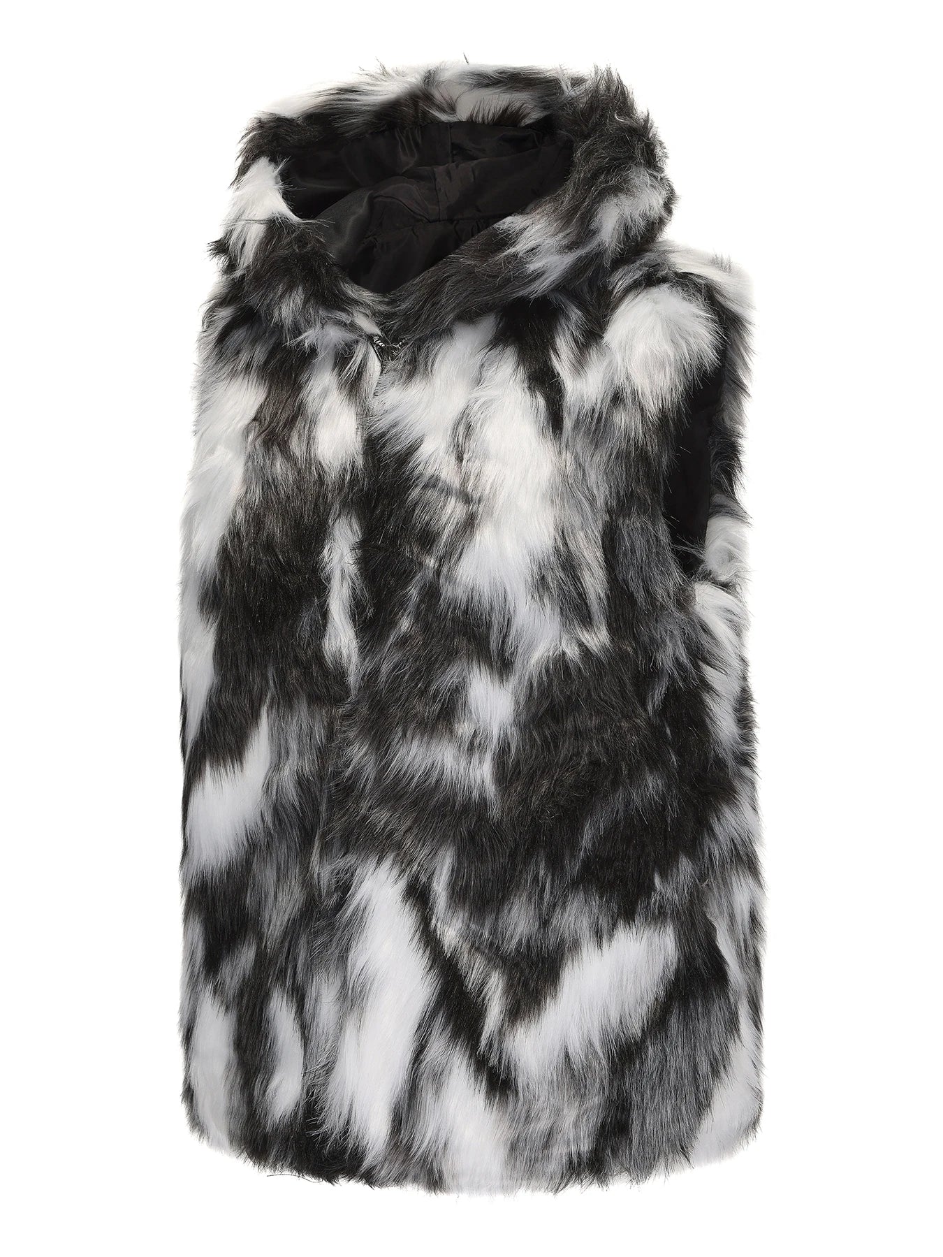 Men`s Luxury Faux Fur Hoodie Vest Long Coat Sleeveless Fluffy Warm Plush Overcoat,Pockets &Hood