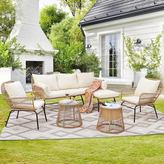 7-piece Bohemian Courtyard Furniture Sofa ,Including Egg Chairs, L-shaped Leisure Chairs, Cushions