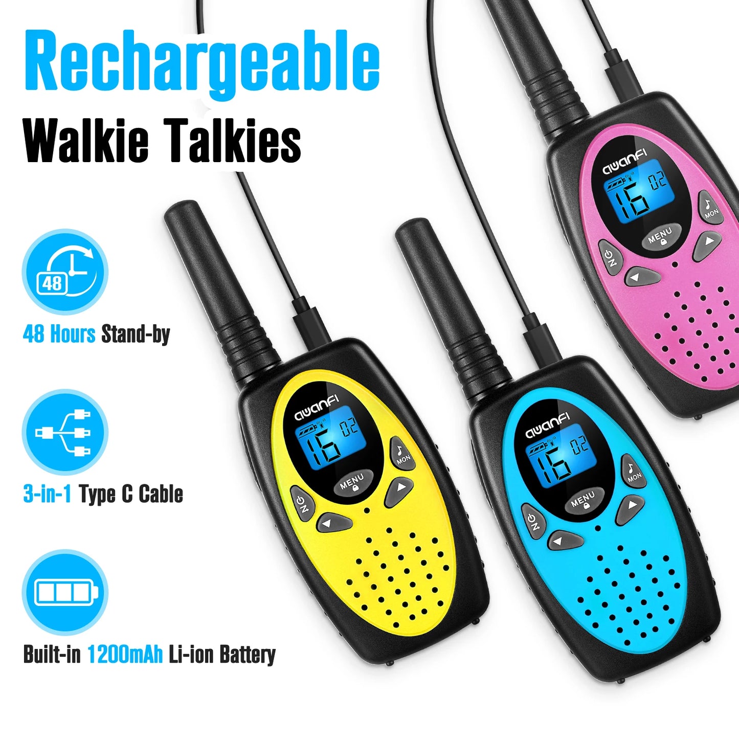 Walkie Talkies chargeable 3 Pack for Kids Adults, 2 Way Radios,1200 mAh Li-ion Battery 22 Channels