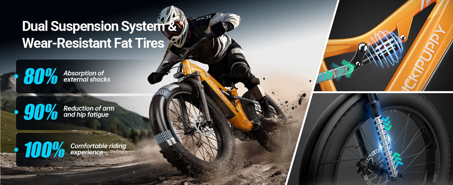 PUCKIPUPPY Lab-pro E-Bike 26" Fat Tire Full Suspension Mountain1350W 48V 20AH Ebike 2-Yr Warranty