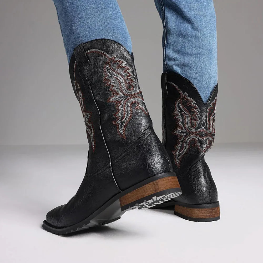 Plus size 12.5 New Fashion Retro Square Toe Neutral Cowboy Boots Luxury Embroidered Concise