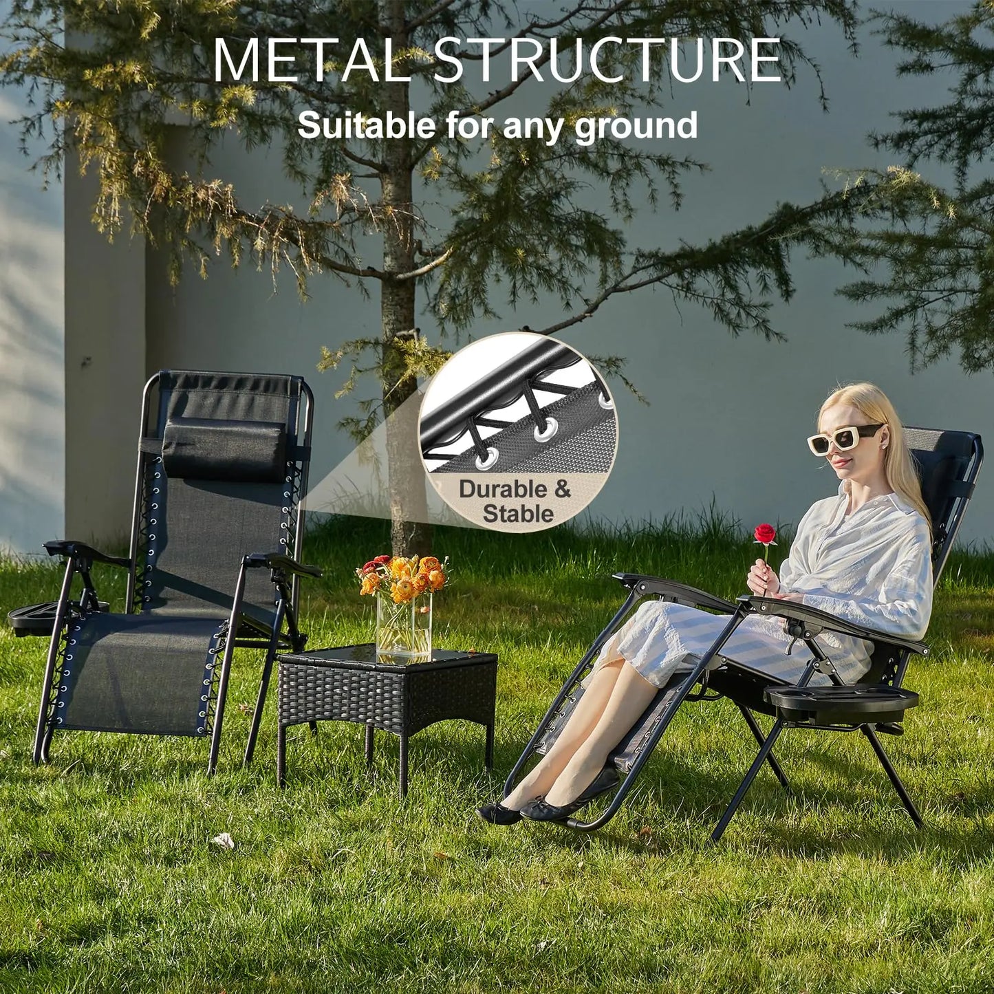 Zero Gravity Set 2 Portable Recliner Camping Patio Outdoor Chair,Cup Holder Trays Adjustable Pillow