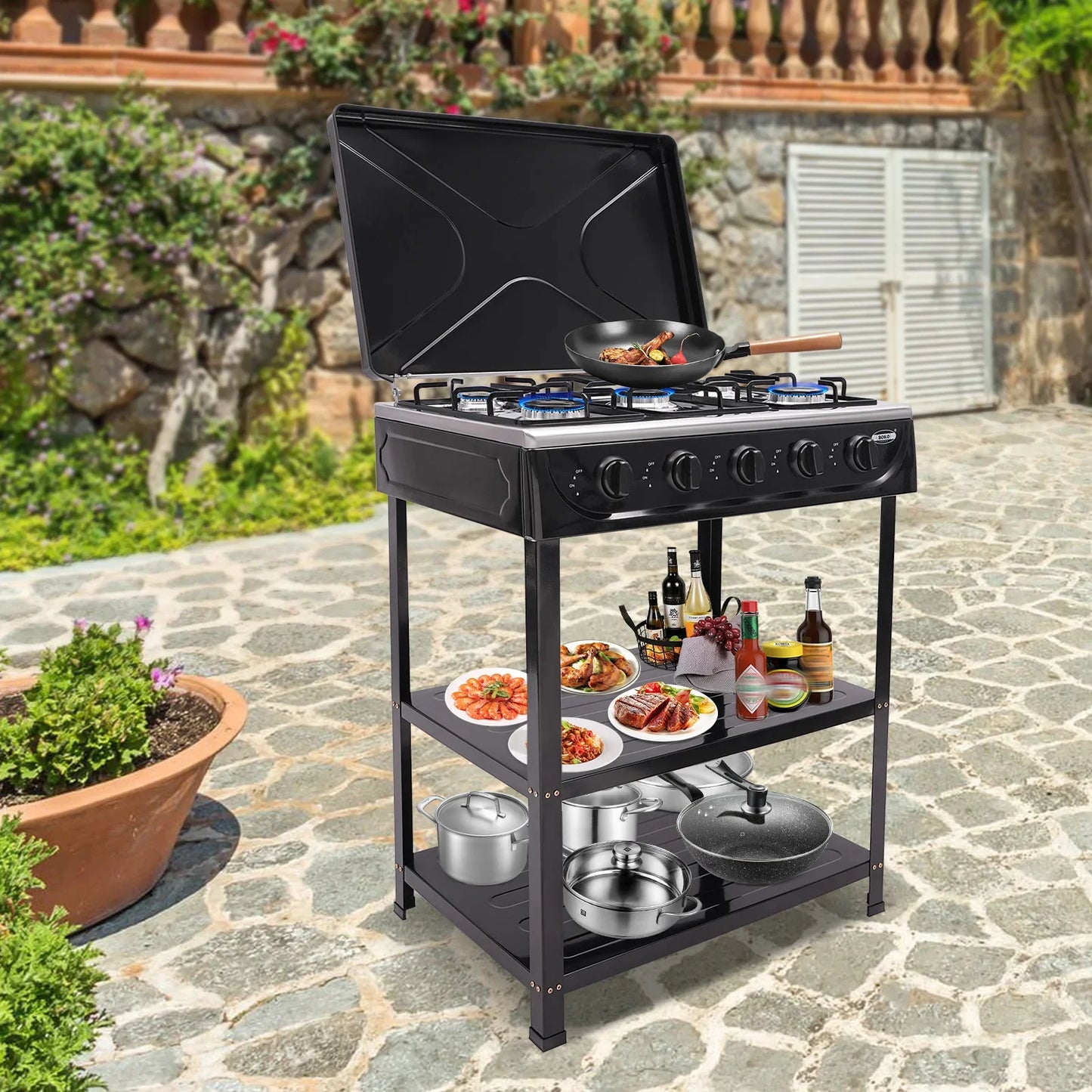 5-Burner Gas Stove: 2.5KW Power Efficient 5 Knobs Durable Independent Control, Heat Energy-Saving