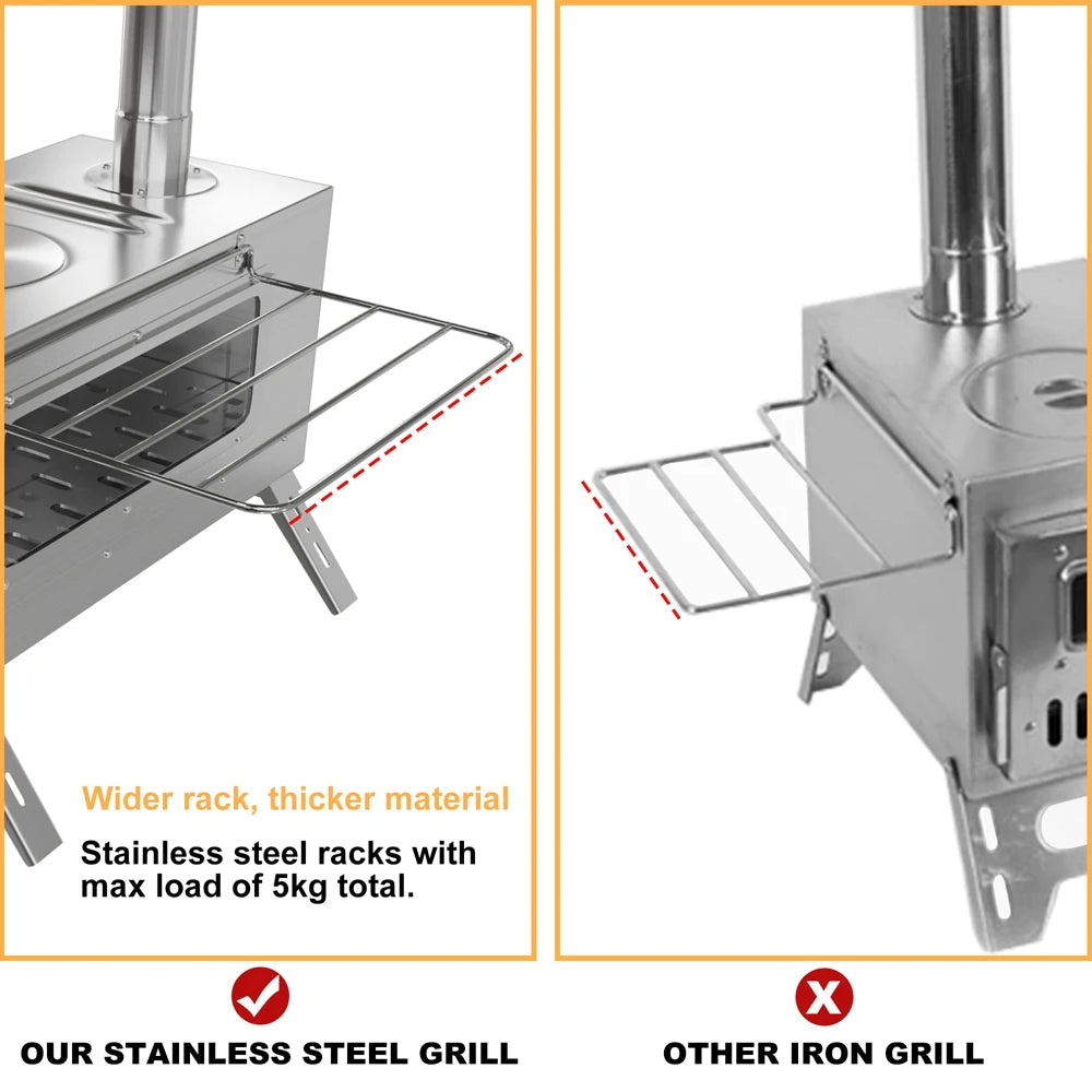 Portable Camping Wood Burning Stove Stainless Steel Tent Stove,7 Chimney Pipes Outdoor Camp Heating