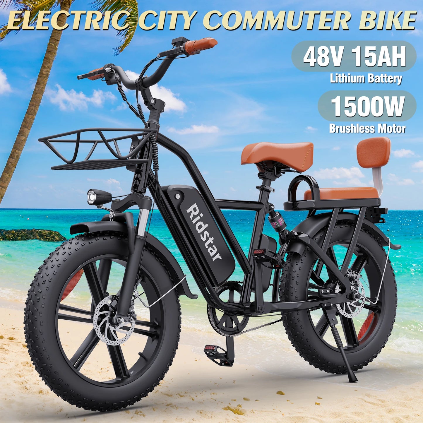 1500W 30MPH 30-70Miles 48V 15.6AH Removable Battery Ebike 20" x 4.0 Fat Tire Commuting 2 Seater