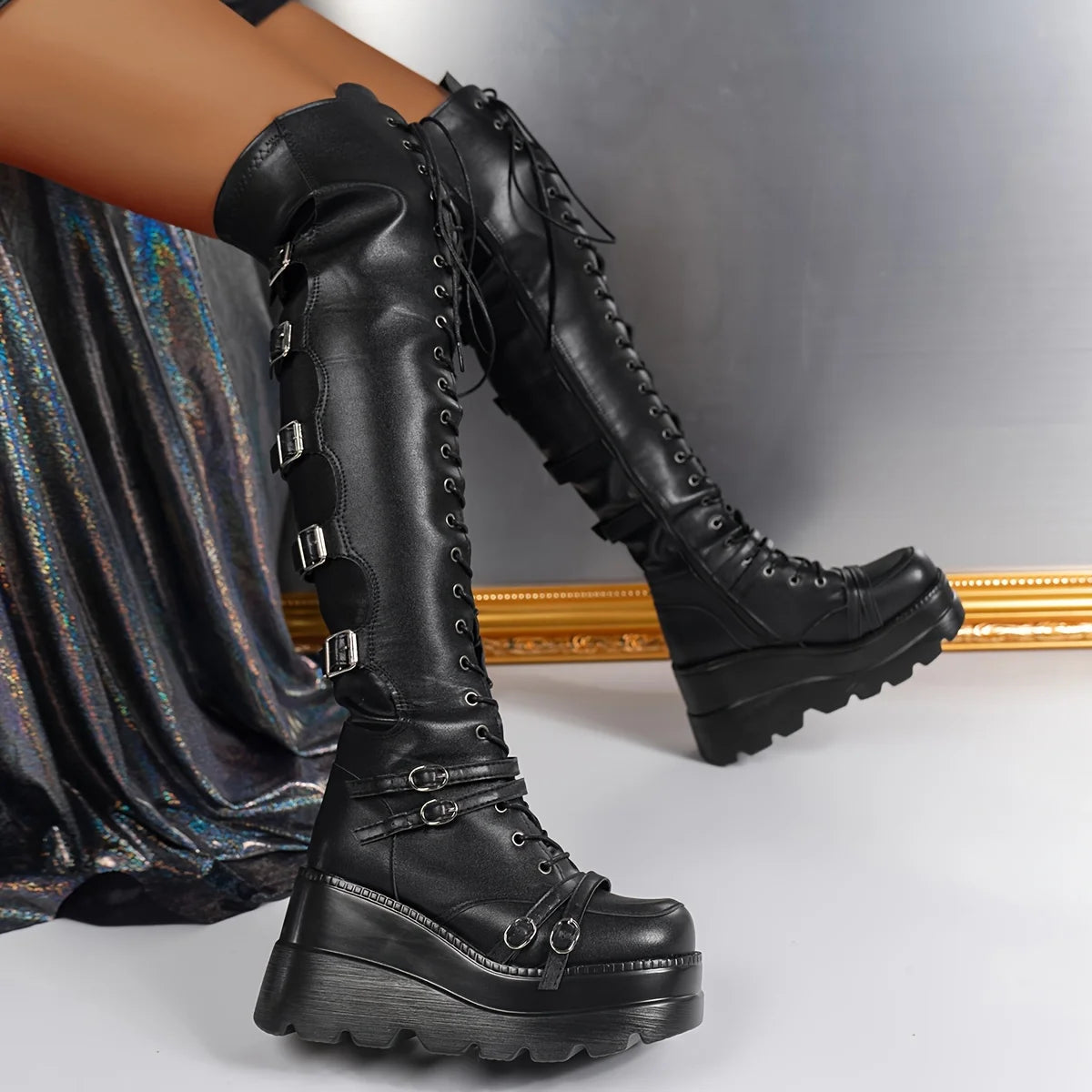 Women's Gothic Punk Thigh High Boots Fashion Side Zipper Lace-up Platform Coaplay Boots Woman