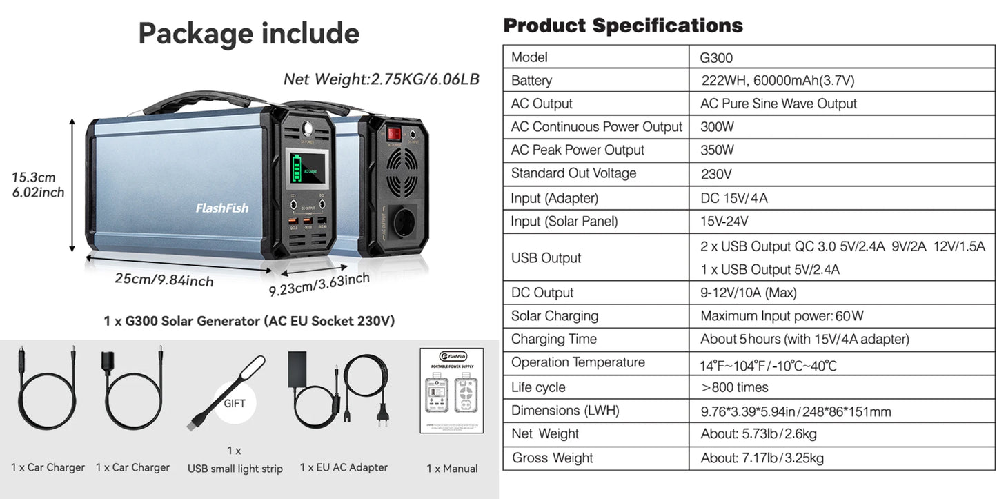 300W Solar Generator 222Wh Portable Power Station 60000mAh Rechargeable Lithium Battery Bank