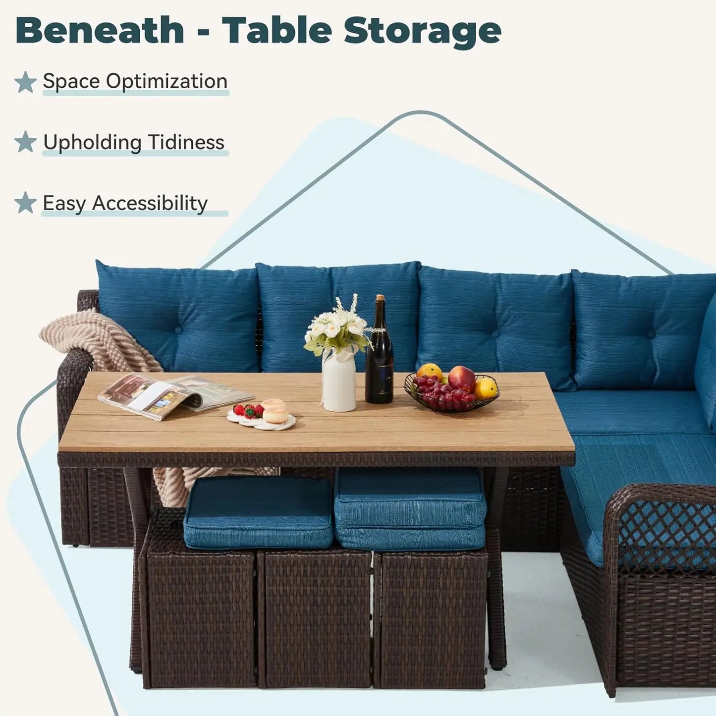 7 Pieces Patio  Dining Set, Patio Dining Sets with HDPE Table & Chairs, Ottamans for Garden, Deck