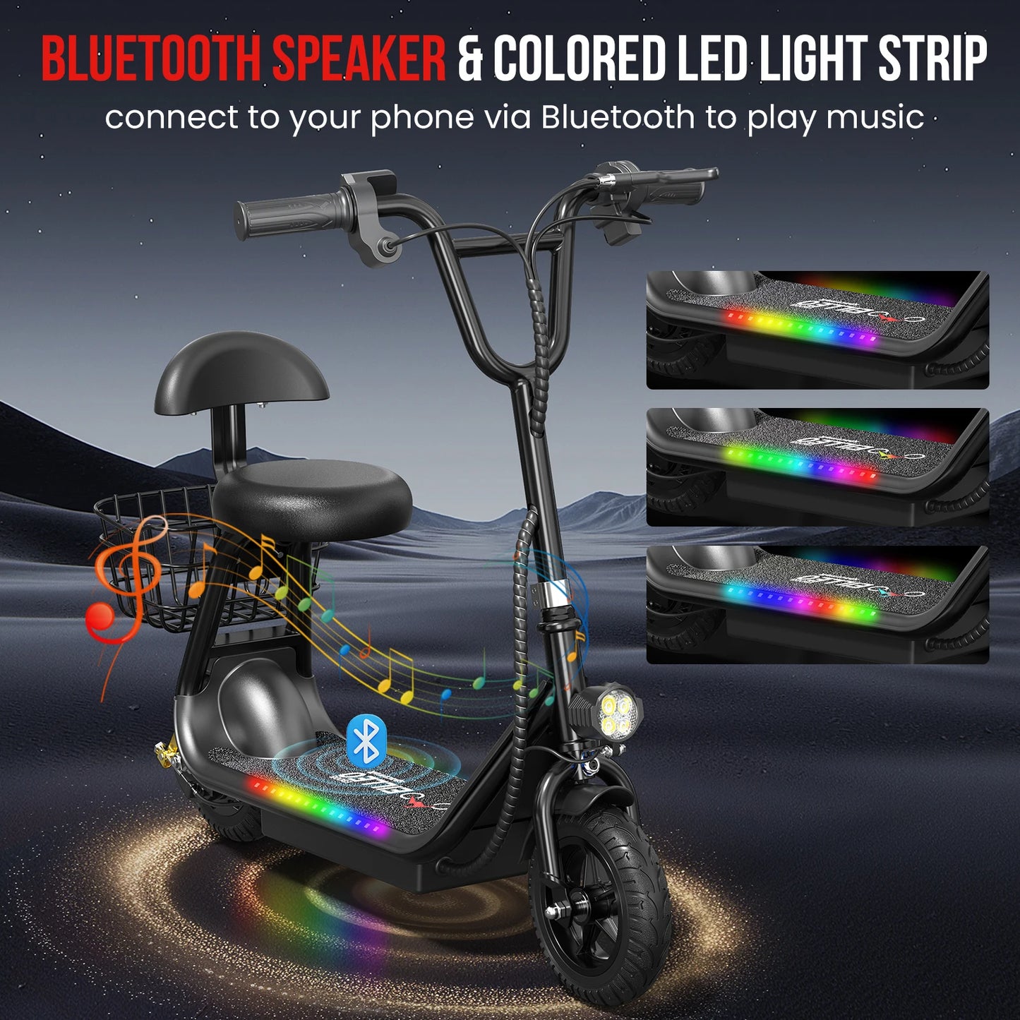 Kids E-Scooter, Blue tooth Speaker Foldable Design Seat, Basket LED Light Strip 11MPH Speed 132lbs