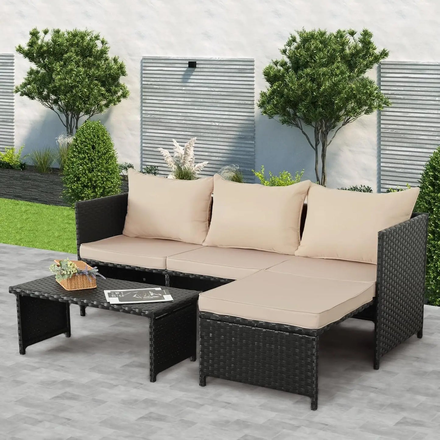 3-Piece Outdoor PE Rattan Furniture Set Black Wicker Loveseat Sofa Sectional Couch Khaki Cushions