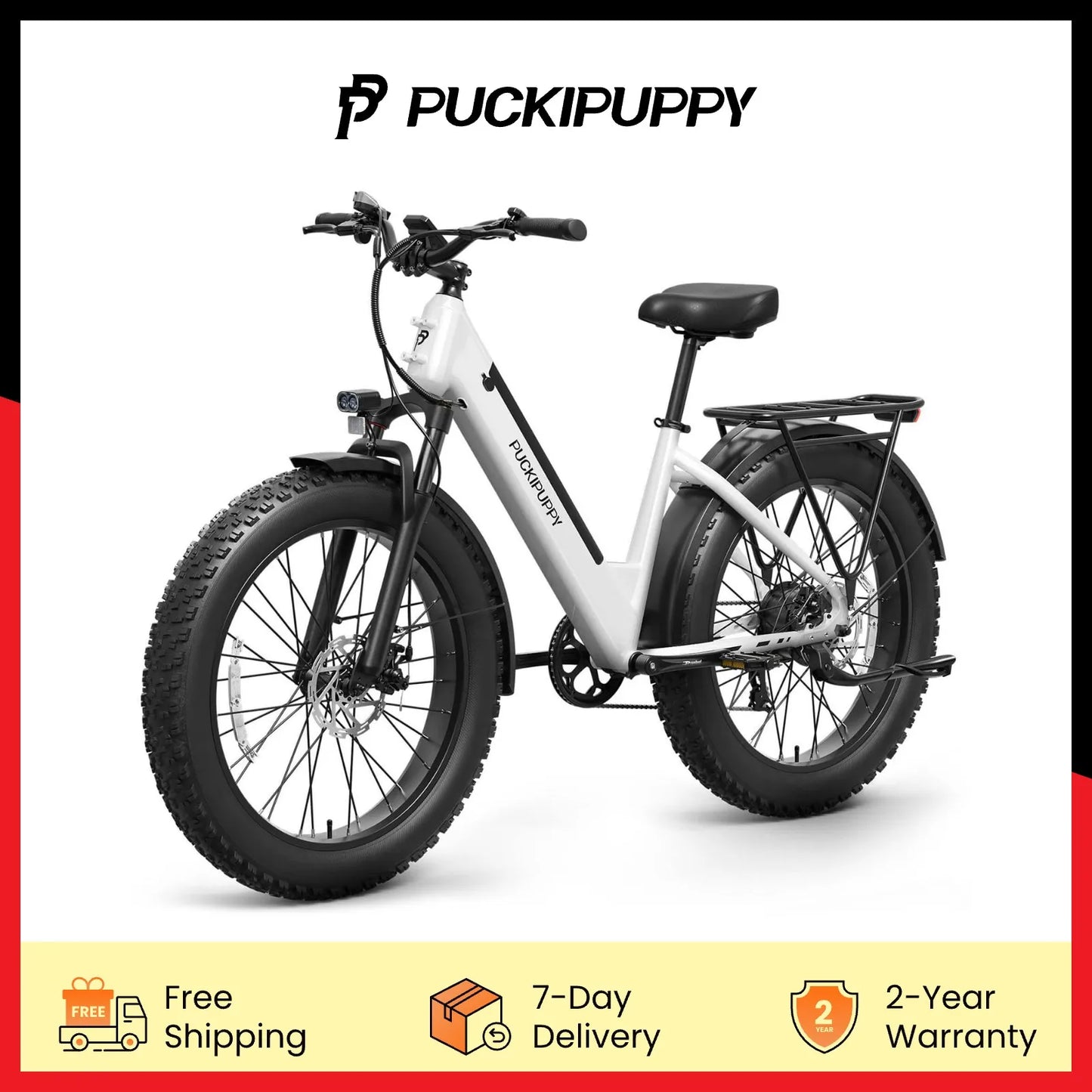 PUCKIPUPPY E-Bike, Adults 960W Peak 48V 15AH 7 Speed All Terrain 26" Fat Tire Front Suspension