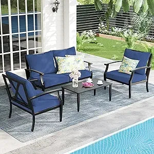 4-Piece Set, Wider Outdoor Metal Seating Sofa ,High Back & Loveseat, Coffee Table, All Weather Metal