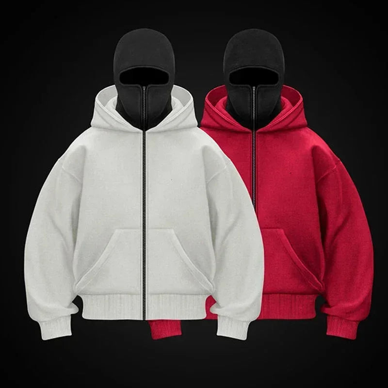 Men/women Balaclava Y2K Gothic winter Warm, double hooded sweatshirt men's mask zipper sports Jacket