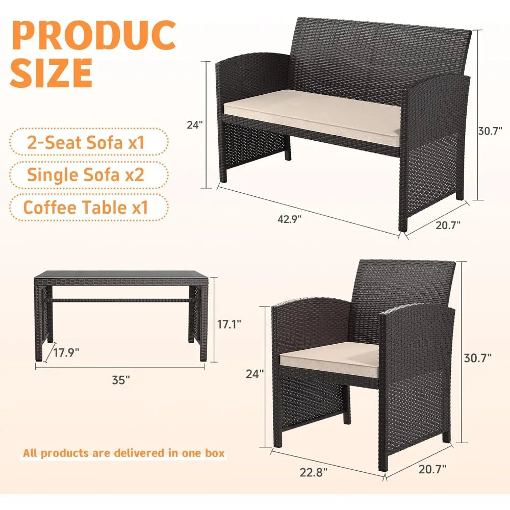 Premium 4-piece patio, wicker conversation set, 2 rattan chairs1 loveseat 1 coffee table remove cush