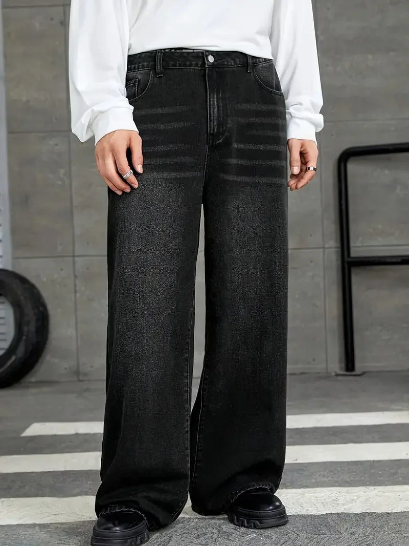 Men'S Loose Fit Black Denim Wide Leg Jeans, Raw Wash Detail - Comfortable, Versatile All-Season Wear