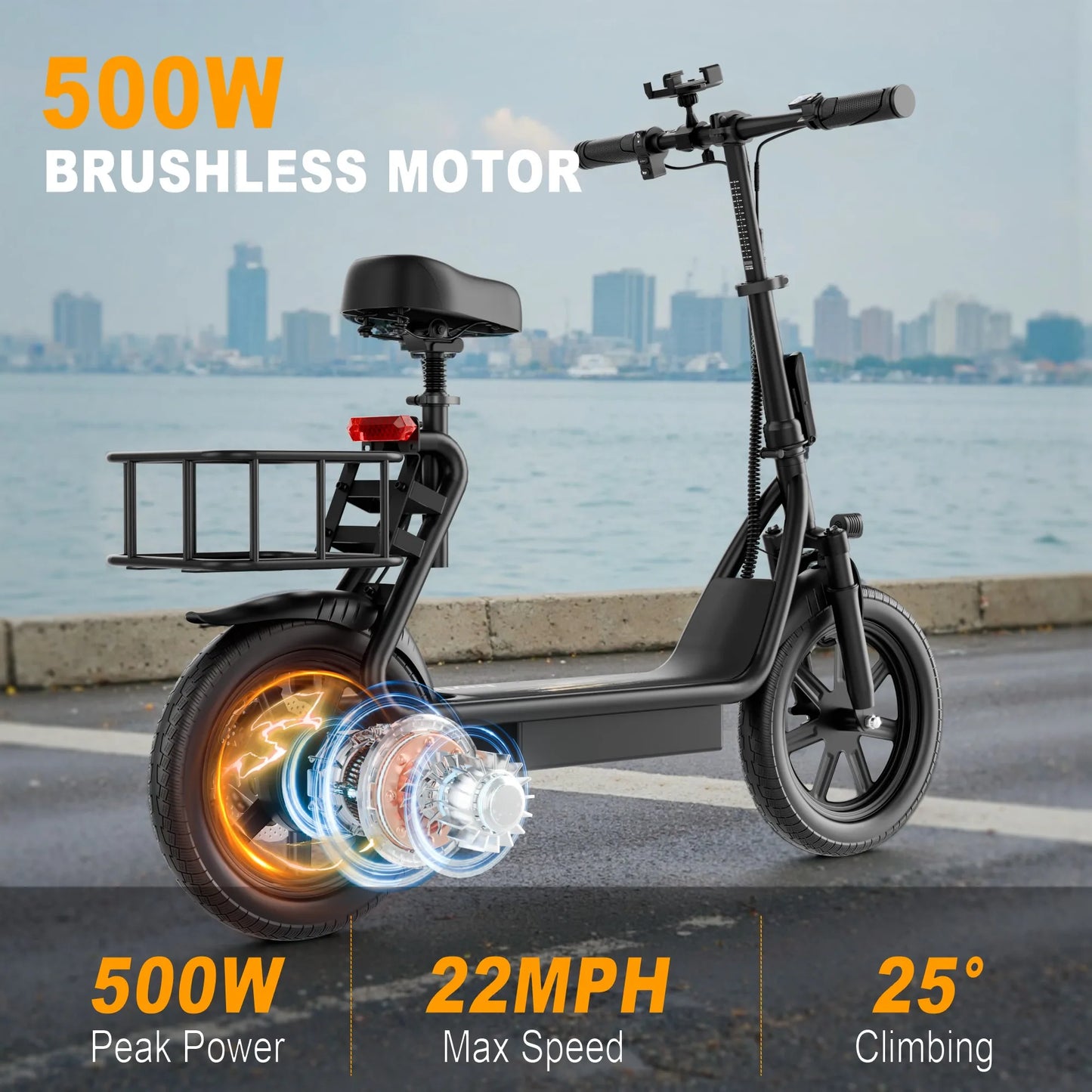 E-Scooter,w/Seat, Adult, 20MPH Speed Power by 500W Motor, 48V/10.4Ah Wider Deck & Height &basket