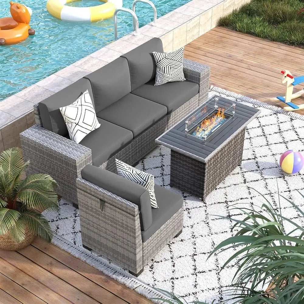 5-Piece Patio Set, Fire Pit Table, Outdoor Grey Wicker Rattan Sofa, 4 Thick Cushions, Grey Cover