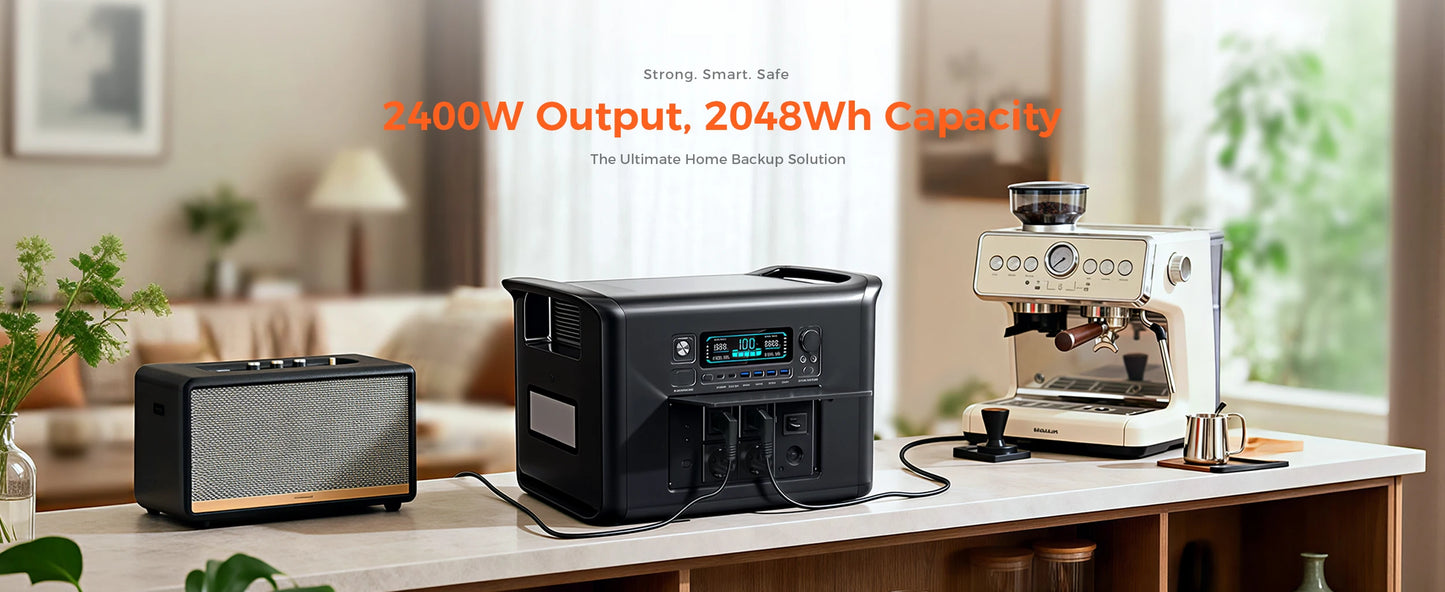 2400W Portable Power Station 2048Wh LiFePO4 External Battery Output Solar Generator Home and Camping