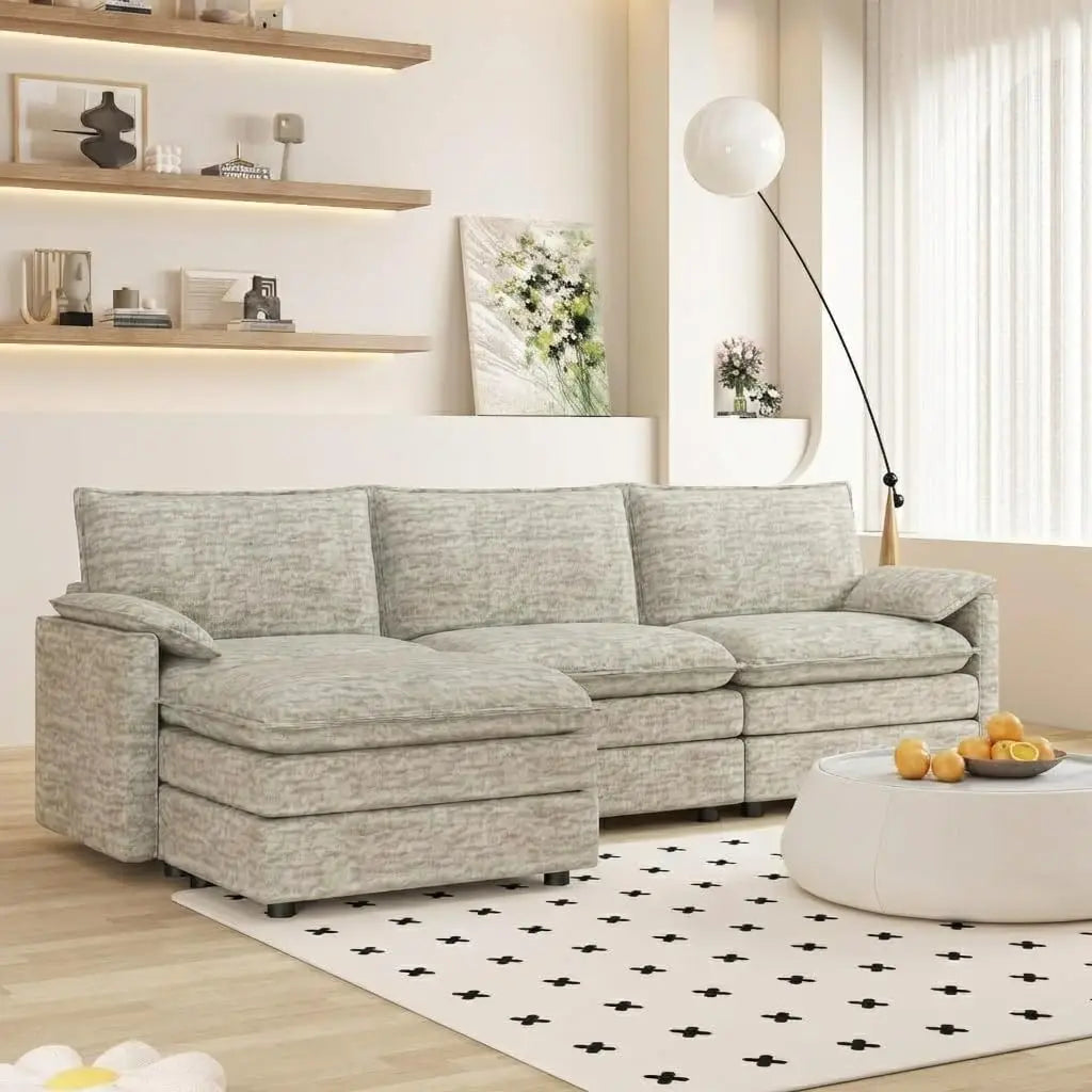INDOOR 108" Modular Couch,Ottoman, Modern Comfy,Chenille L Shaped Sofa Deep Seat,, Customized