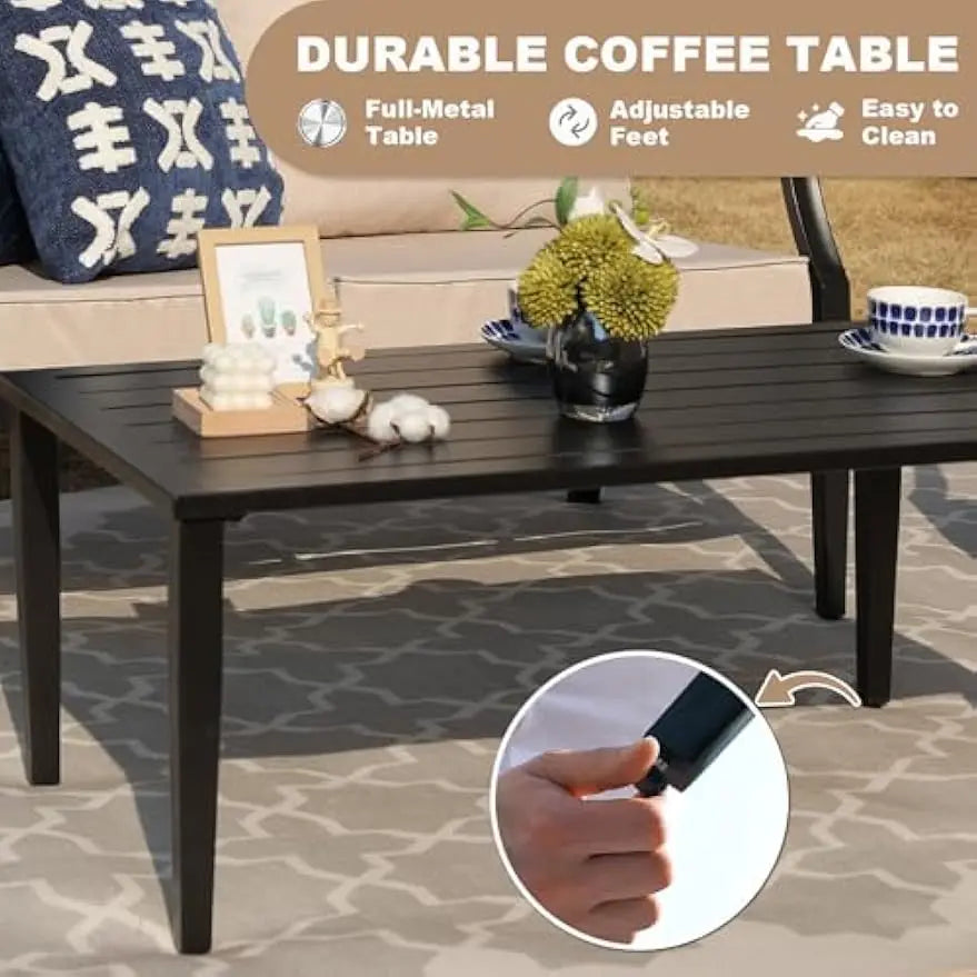 4-Piece Set, Wider Outdoor Metal Seating Sofa ,High Back & Loveseat, Coffee Table, All Weather Metal