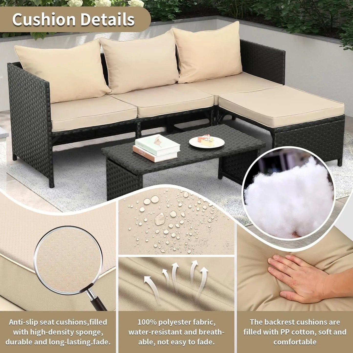 3-Piece Outdoor PE Rattan Furniture Set Black Wicker Loveseat Sofa Sectional Couch Khaki Cushions