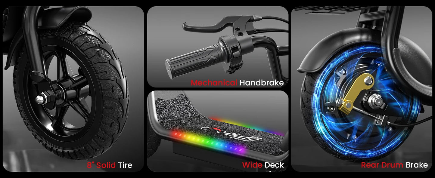 Kids E-Scooter, Blue tooth Speaker Foldable Design Seat, Basket LED Light Strip 11MPH Speed 132lbs
