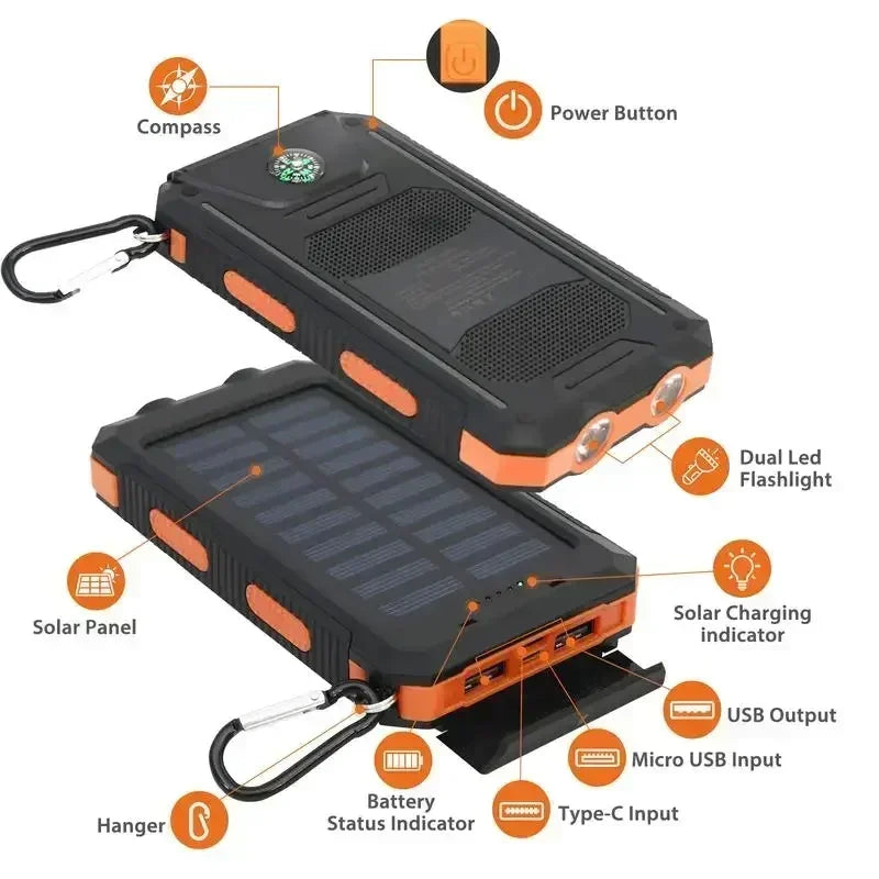 10000mAh Solar Power Bank 4-in-1 - Fast Charge+LED Light Outdoor Camping Gear