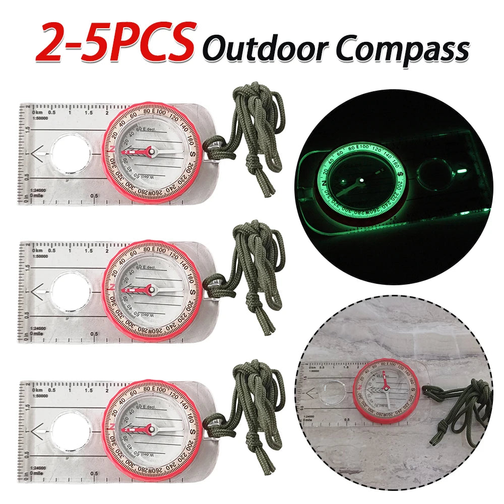 2-5PCS Luminous  Compass Shockproof Waterproof Travel Tools High Accuracy, Magnifier for Survival