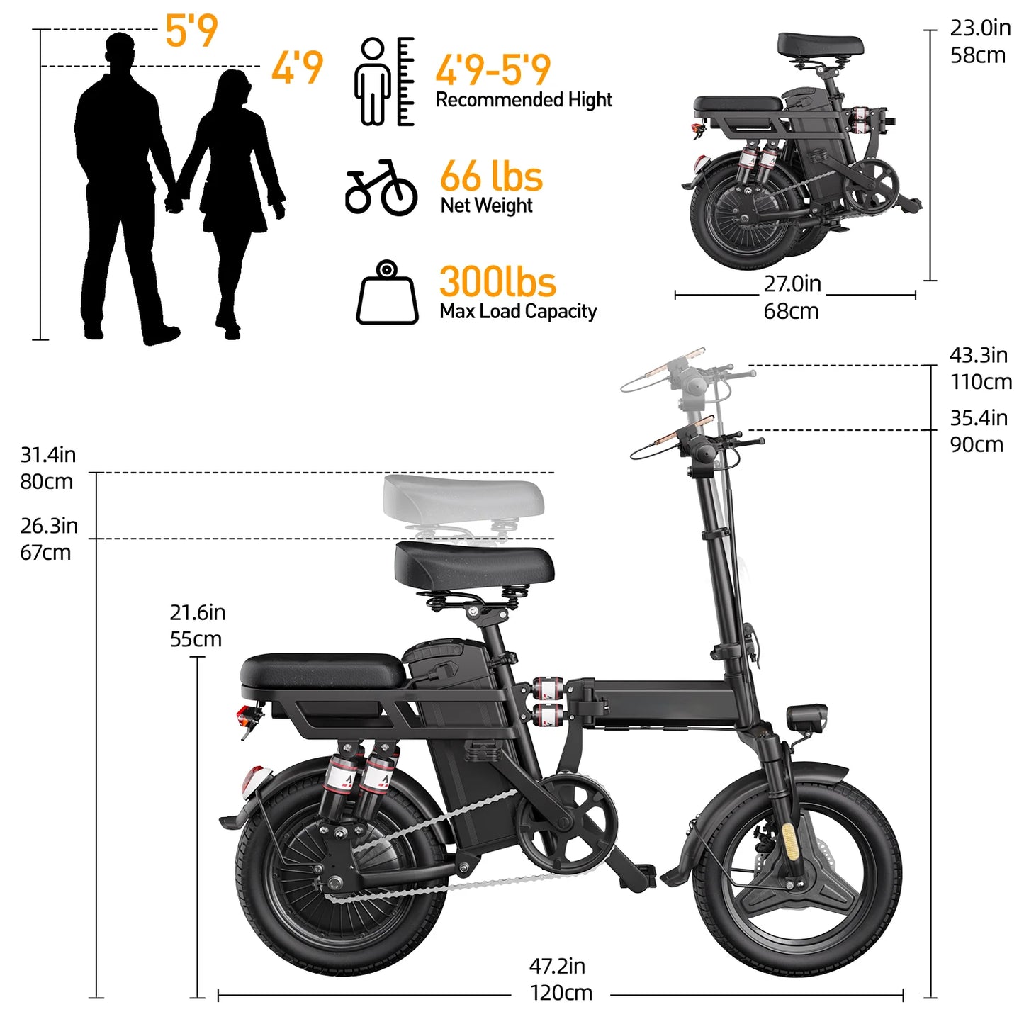 Electric Bike, Adults, Folding Electric Bike, 500W Peak Motor, 14" Tire, 48V 20AH/15AH/10Ah Battery