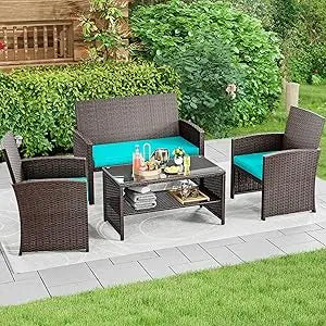 Outdoor Patio Set 4 Pieces, Wicker,Soft Cushion & Coffee Table, Rattan Bistro Set Patio Set Chairs